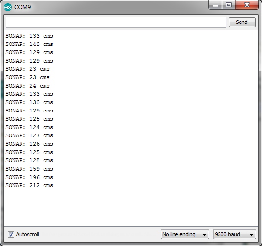 Arduino's Serial Monitor showing the output of the test sketch.