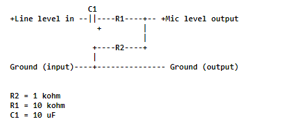 A 10uF capacitor is connected in series with the line input. A 10K resistor follows to the mic output. A 1K resistor connects the Mic output to the shared ground.